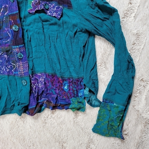 Vintage CM Shapes Turquoise Blue Green Patchwork Button Up Blouse Size 6 - Picture 5 of 8